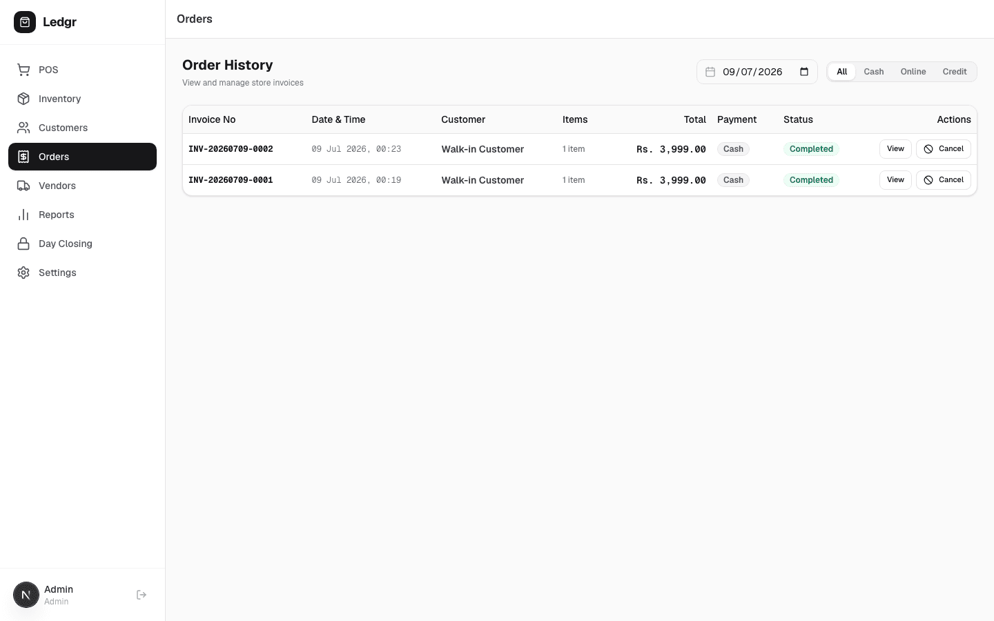 Order history with cancellation support