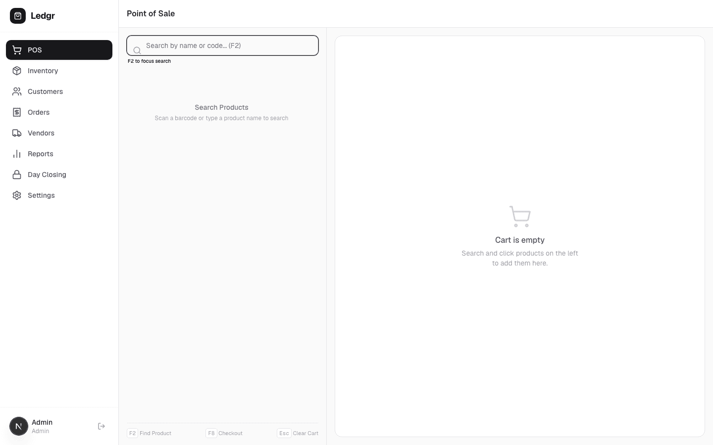 QyPOS Dashboard — Product search and cart