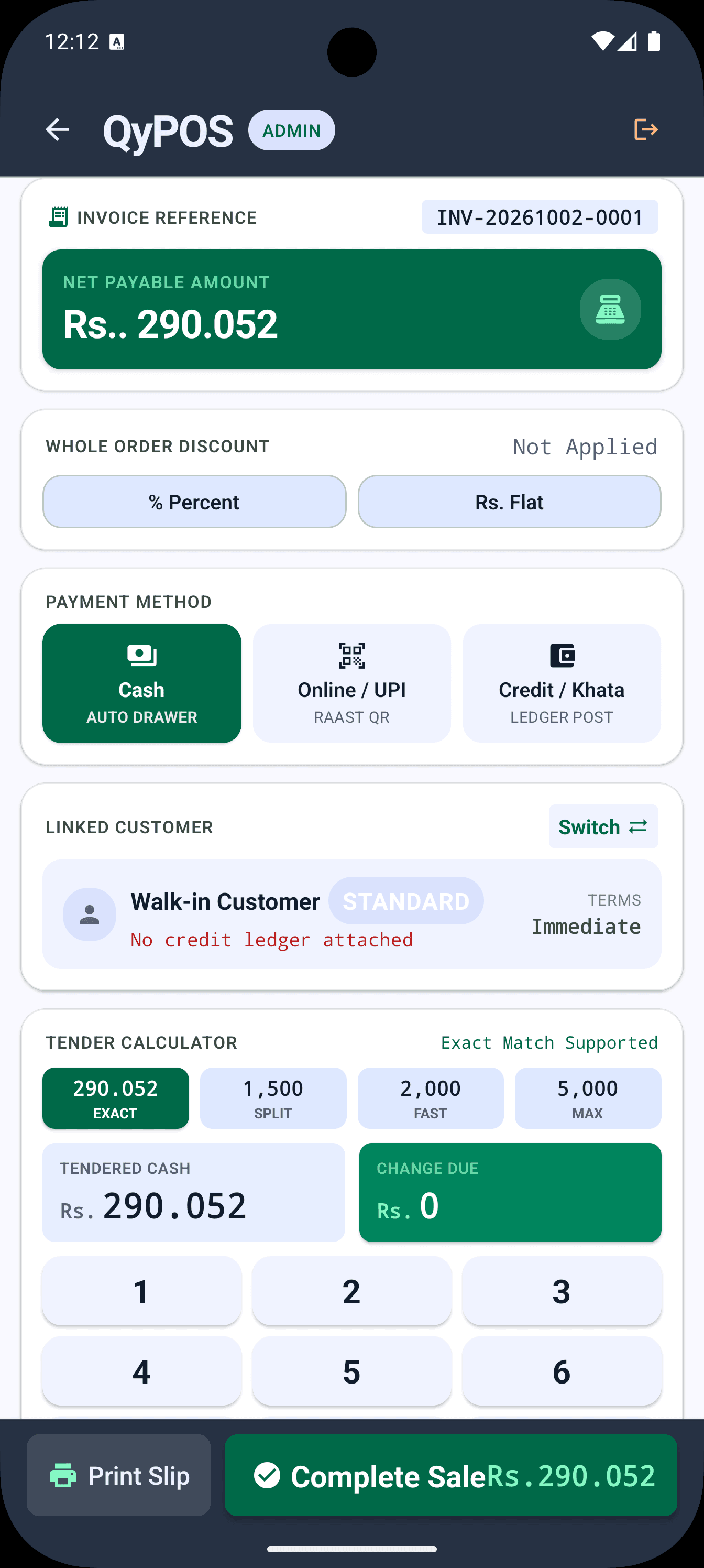 QyPOS Mobile checkout with payment options and invoice reference