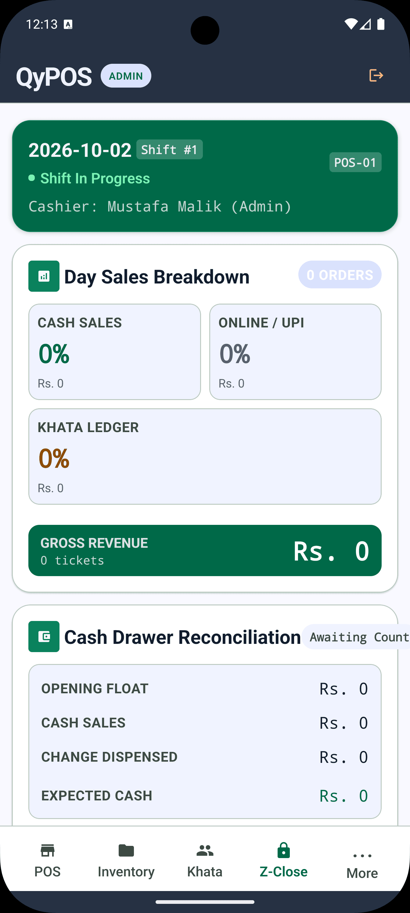 QyPOS Mobile day closing with shift sales breakdown