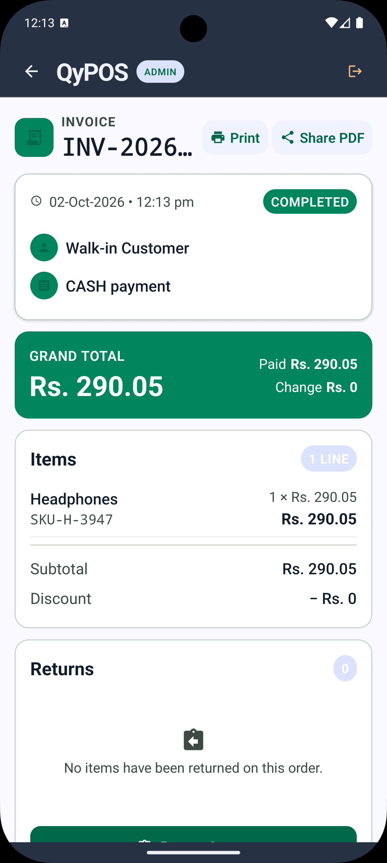 QyPOS Mobile invoice with print and share actions