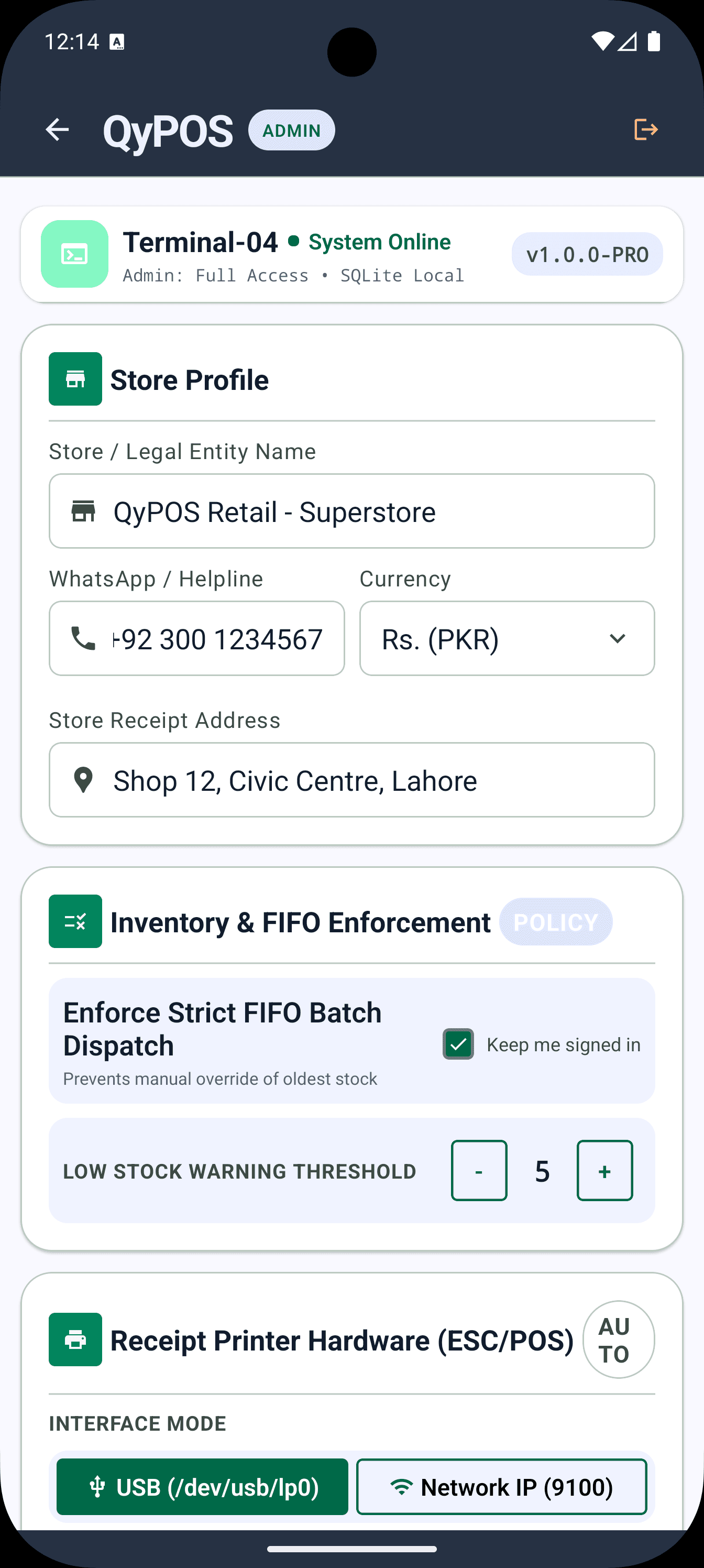 QyPOS Mobile settings showing local SQLite and store profile